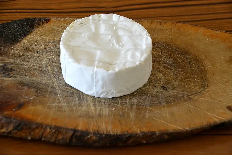 cylindrical brie on a wooden plate