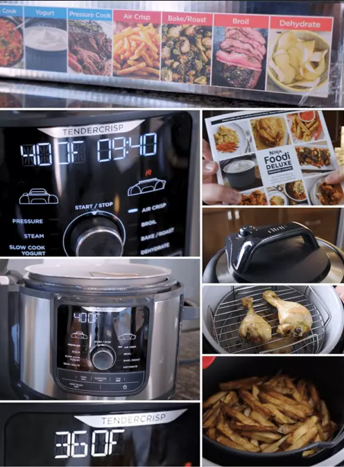 ninja-fd401-cooker-air-fryer front view and cooking